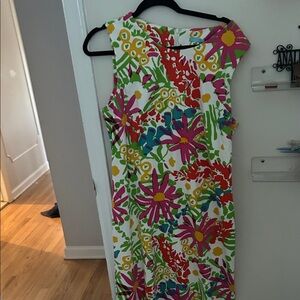 J. McLaughlin White Floral Midi Dress with Pink, Green & Yellow Print